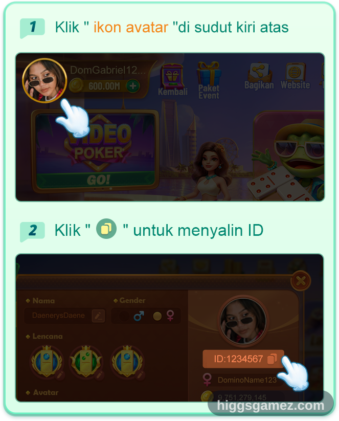 Panduan: ketuk ikon avatar di sudut kiri atas permainan, lalu ketuk ikon salin di samping nomor User ID.